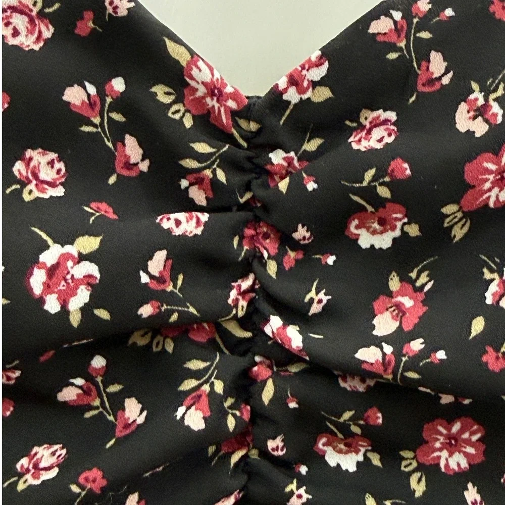 Lola Grace Floral Midi Dress Womens Medium Black Pink Flutter Sleeve Cottagecore
